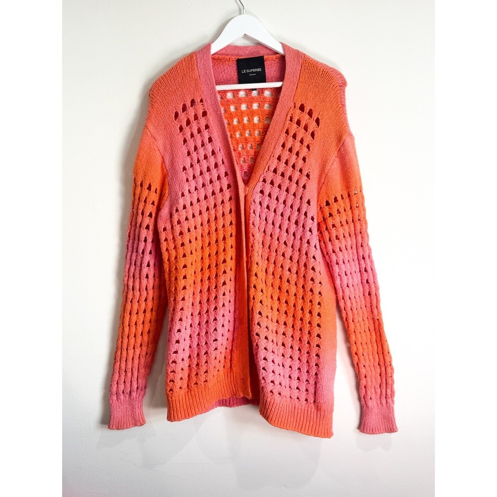 LE SUPERBE Pitaya Cardigan Pink Orange Ombre Pointelle Knit Sunset Size M